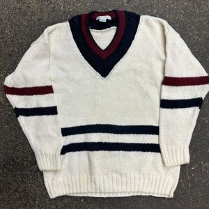 Jamie Scott Tennis Sweater Knit White Striped Preppy Mens Large V Neck VTG